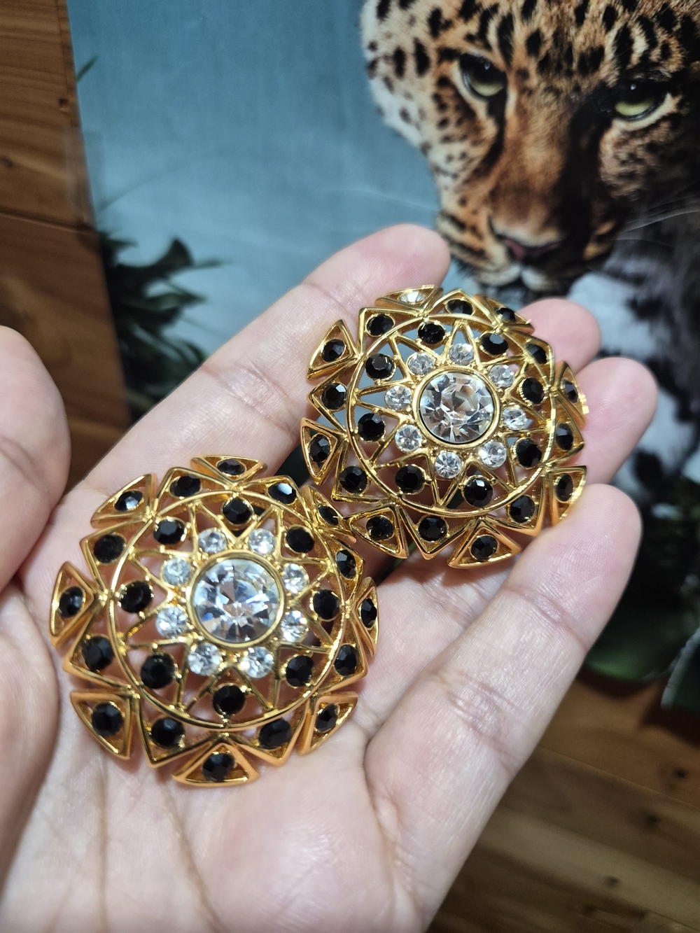 Monet Gold-Tone Floral Medallion Earrings with Black and Clear Stones